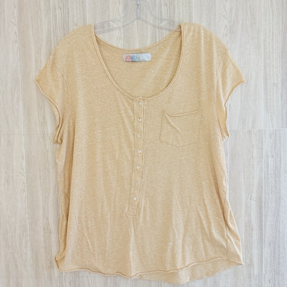 Free People FP Beach Womens Shirt Large Henley Top Yellow Tan Pocket Tee Vacay